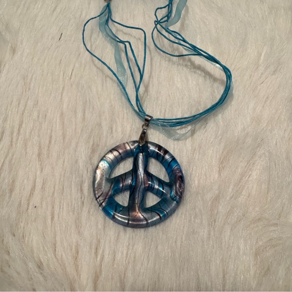 Blue and Silver Glass Peace Pendant Necklace
